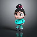 Cartoon Girl Character with Black Hair Bun Pink Bow Teal Hoodie and Striped Pants