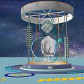 Commercial Landscape With Rotating Illuminated Neon Rings And Buddha Head Sculpture
