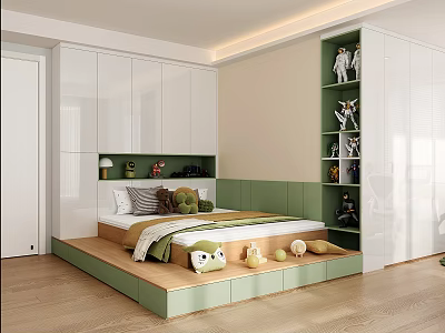 Tatami Bedroom Interior With Green Bed Wooden Floor And White Storage Cabinets 3d model