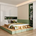 Tatami Bedroom Interior With Green Bed Wooden Floor And White Storage Cabinets