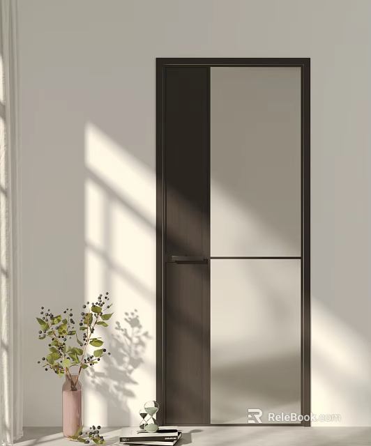 Modern Hinged Door With Black Frame Glass Panel And Wooden Handle In Bright Interior 3d model 