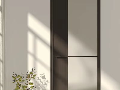 Modern Hinged Door With Black Frame Glass Panel And Wooden Handle In Bright Interior 3d model