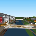 Modern School Buildings With Riverside Pedestrian Bridge And Lush Green Landscapes