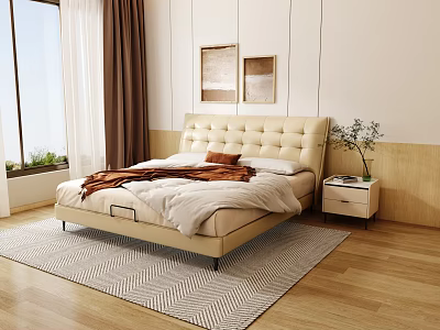 Modern Double Bed With Upholstered Headboard In Bedroom With Wooden Floor Nightstand And Curtains 3d model