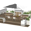 Outdoor Landscape Seating Design For Terrace With Wooden Floor White Umbrella And Green Plants