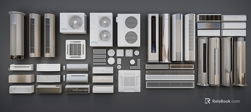 Various Types of Air Conditioners and Fans Including Wall Mounted and Floor Standing Models 3d model 
