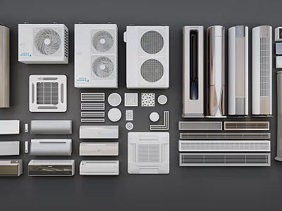 Various Types of Air Conditioners and Fans Including Wall Mounted and Floor Standing Models 3d model
