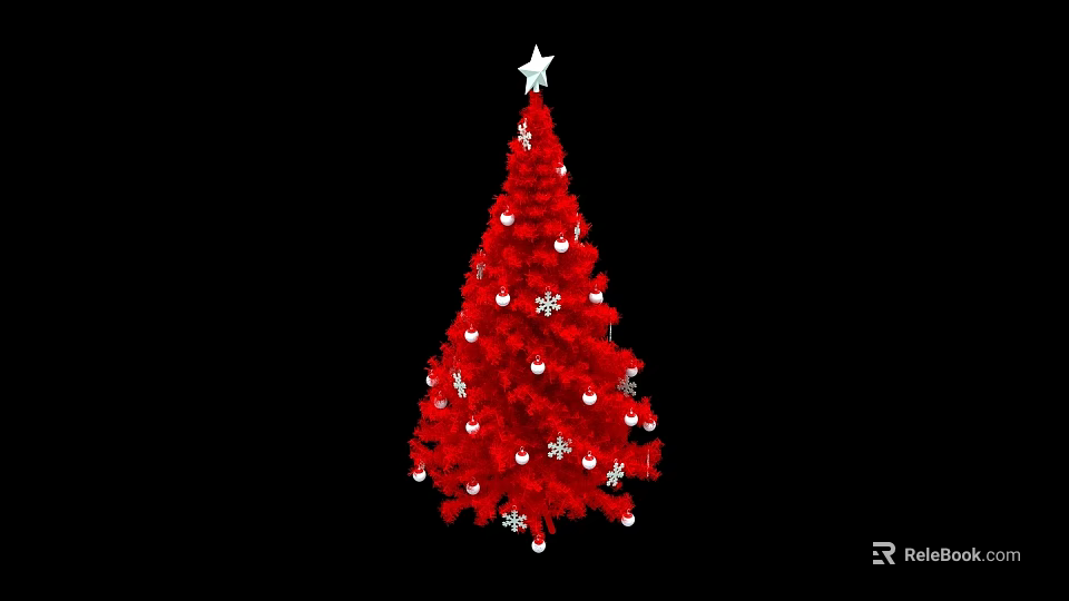 Red Christmas Decorative Ornament Set with White Star Snowflakes and Balls on Tree 3d model 