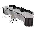 Modern Office Desk Workstation With Multiple Monitor Stands And Black White Sleek Design