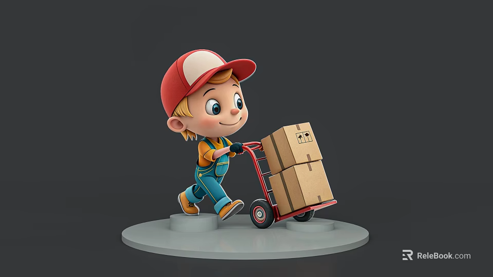 Man In Red Cap And Blue Work Uniform Pushing Handcart With Cardboard Boxes 3d model 