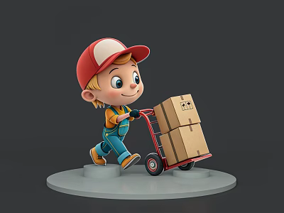 Man In Red Cap And Blue Work Uniform Pushing Handcart With Cardboard Boxes 3d model