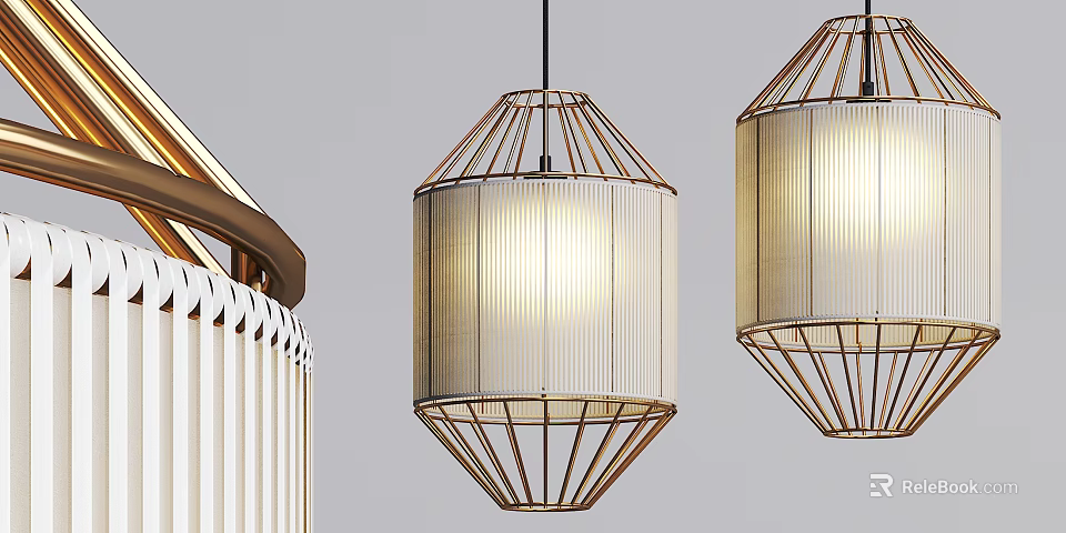 Modern Geometric Hanging Chandeliers With Metal Frame And White Illuminated Lampshade 3d model 