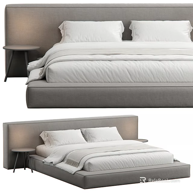 Modern Double Bed Interior With Gray Headboard White Bedding Pillows And Nightstand 3d model