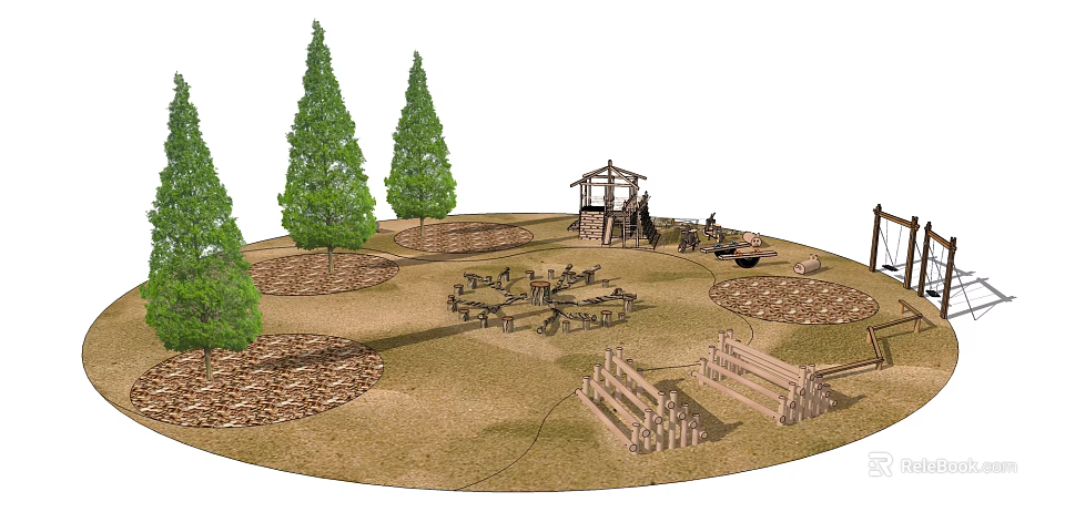 Outdoor Playground Equipment With Wooden Structures Trees Sand And Swings 3d model 