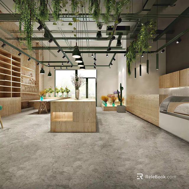 Modern Specialty Store Interior With Wooden Shelves Green Plants And Central Island Counter 3d model 