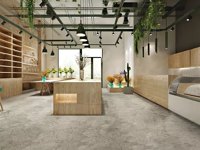 Modern Specialty Store Interior With Wooden Shelves Green Plants And Central Island Counter 3d model