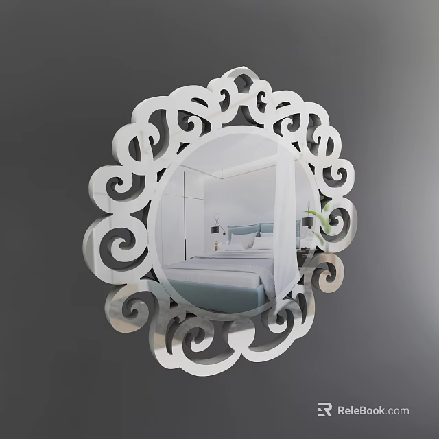 Ornate Floral Scroll Design Mirror Reflecting Bedroom With Bed Nightstand And Green Plant 3d model 