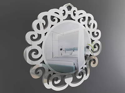 Ornate Floral Scroll Design Mirror Reflecting Bedroom With Bed Nightstand And Green Plant 3d model