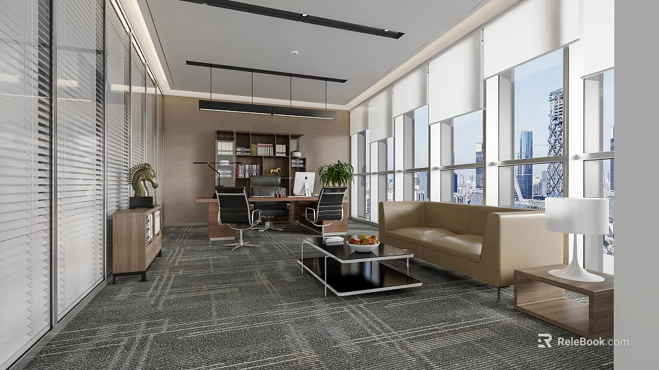 Modern Office Open Layout With Large Windows Sofa Desk Bookshelf And Carpet 3d model