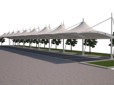 White Membrane Structure Canopies Covering Parking Lot with Trees and Spaces 3d model