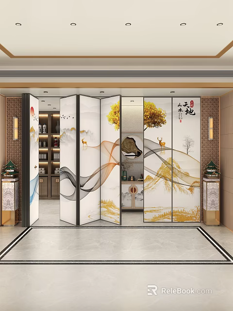 Elegant Banquet Hall Interior With Chinese Landscape Screen Deer And Tree Patterns 3d model
