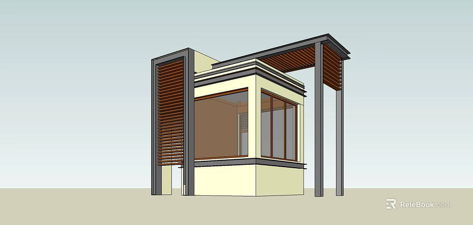 Modern Small Building Structure With Large Windows Supporting Columns And Overhanging Roof 3d model 