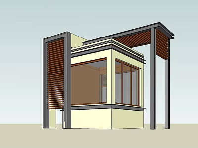 Modern Small Building Structure With Large Windows Supporting Columns And Overhanging Roof 3d model