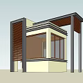 Modern Small Building Structure With Large Windows Supporting Columns And Overhanging Roof