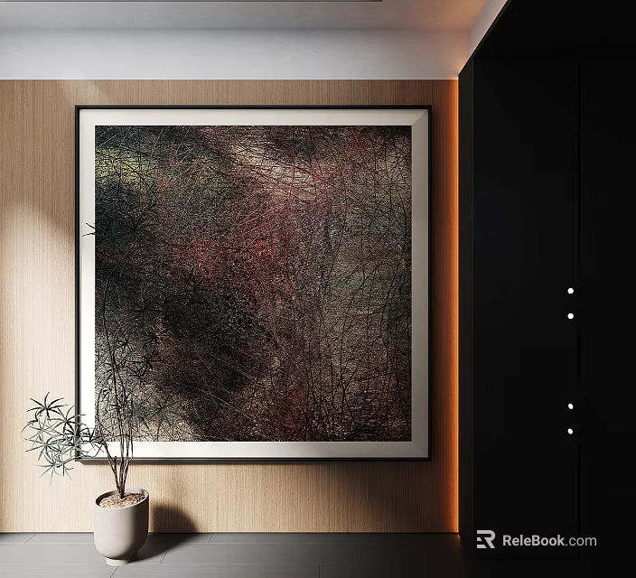 Abstract Oil Painting With Trees On Wooden Wall Near Black Cabinet And Potted Plant 3d model 