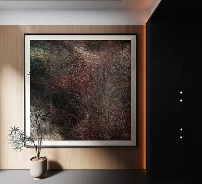 Abstract Oil Painting With Trees On Wooden Wall Near Black Cabinet And Potted Plant 3d model