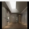 Modern Office Reception Area with Minimalist Design Wooden Flooring Recessed Lighting and Logo Wall