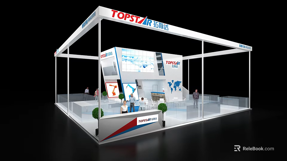 TOPSTAR AIR TOOLS Exhibition Booth With Glass Railings And World Map Display People Interacting Inside 3d model 