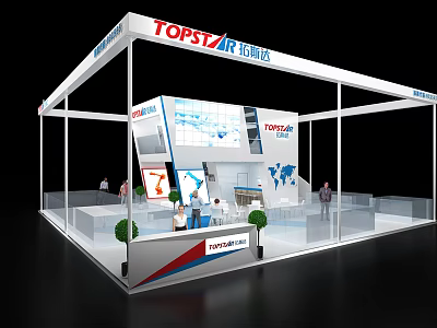 TOPSTAR AIR TOOLS Exhibition Booth With Glass Railings And World Map Display People Interacting Inside 3d model