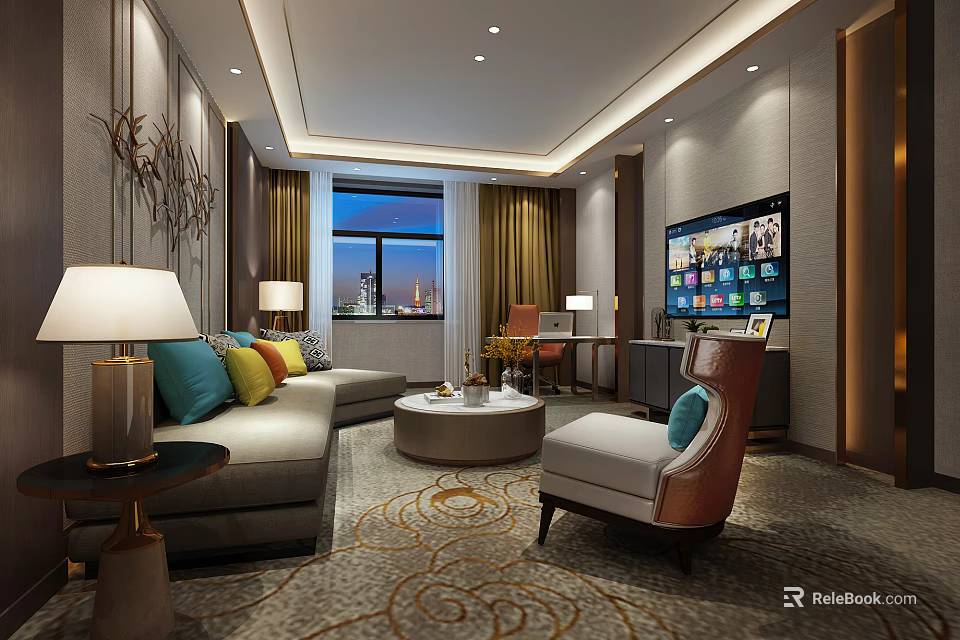 Hotel Room Interior Featuring Comfortable Sofa Coffee Table TV Window And Decorative Carpet 3d model