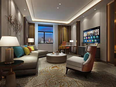 Hotel Room Interior Featuring Comfortable Sofa Coffee Table TV Window And Decorative Carpet 3d model