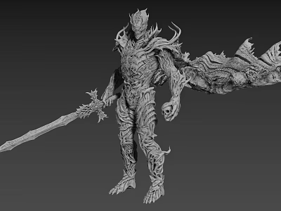 Mythical Warrior Character With Biomechanical Armor Sword And Intricate Textured Design 3d model
