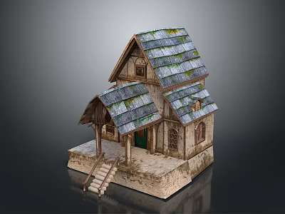 Rustic Wooden House With Tiled Roof Green Door Windows And Wooden Stairs 3d model