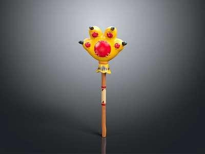 Claw Shaped Decorative Weapon With Yellow Red Accents And Wooden Handle 3d model