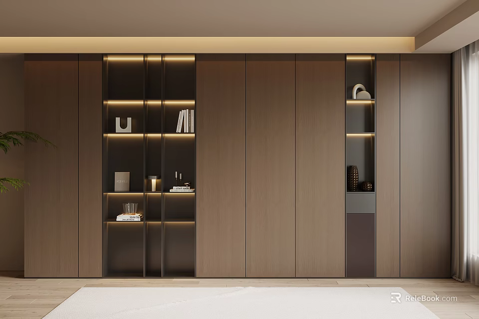 Modern Built in Wooden Bookcase with LED Lighting Books and Decorative Items 3d model 