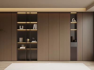 Modern Built in Wooden Bookcase with LED Lighting Books and Decorative Items 3d model