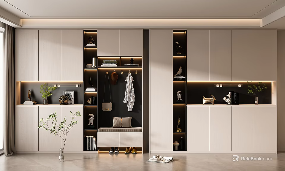 Modern Shoe Cabinet Design With Storage Shelves Hanging Area And Seating Bench 3d model 