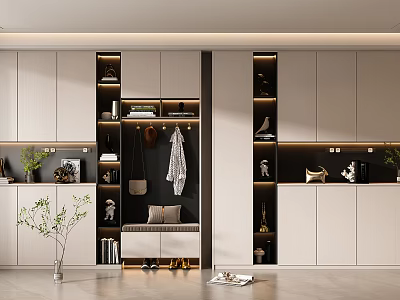 Modern Shoe Cabinet Design With Storage Shelves Hanging Area And Seating Bench 3d model