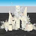 Elegant Wedding Photo Spot With White Drapery Decorative Chandeliers Fresh Flowers Candles And Cake Tower