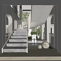 Modern Interior Design With Staircase Green Plants Sculpture And Circular Decorations