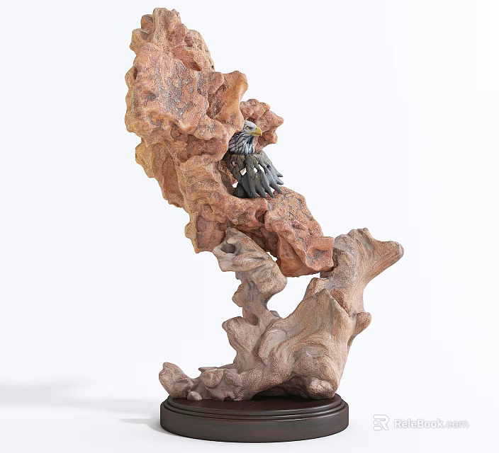 Natural Wooden Decorative Ornament Set With Root Shaped Base And Small Bird Accent 3d model 