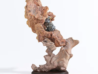 Natural Wooden Decorative Ornament Set With Root Shaped Base And Small Bird Accent 3d model