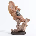 Natural Wooden Decorative Ornament Set With Root Shaped Base And Small Bird Accent