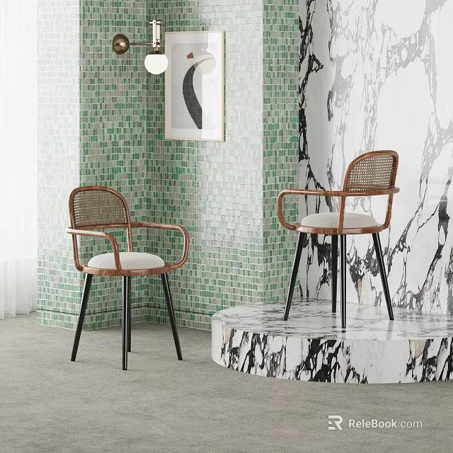 Modern Rattan Dining Chairs With Black Legs Upholstered Seats And Green Mosaic Wall 3d model 