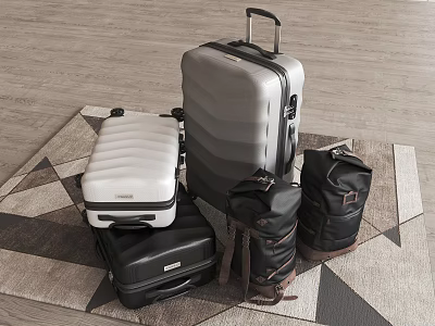 Travel Luggage Collection With Silver White Black Suitcases And Leather Backpacks On Carpet 3d model