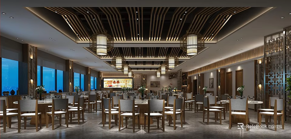 Chinese Style Restaurant Interior With Wooden Decor Pendant Lights And Arranged Tables 3d model 